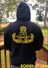 EOD Pullover Hoodie  - Skeebb™ Chest and Explosive Ordnance Disposal Badge Back Logo - Yellow Ink, Black Unisex Hoodie